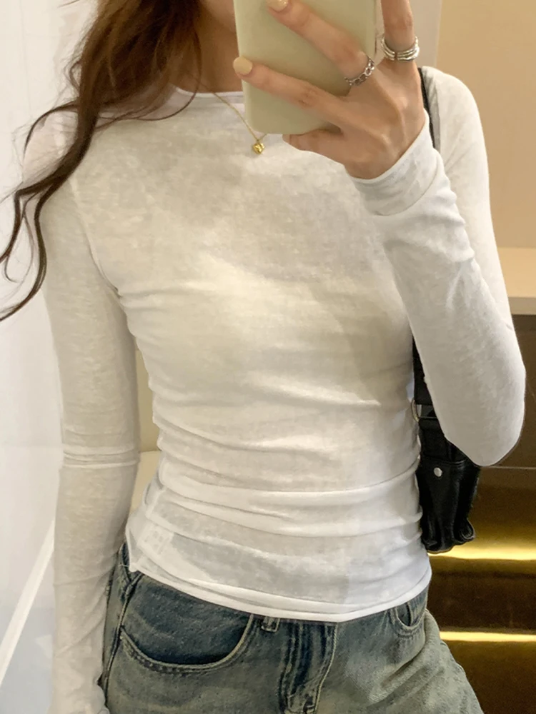 2023 Spring Autumn Korean Casual O Neck Thin T Shirt Women Long Sleeve Sexy Slim Tshirts Pullover Tops Female Tee Shirt Femme