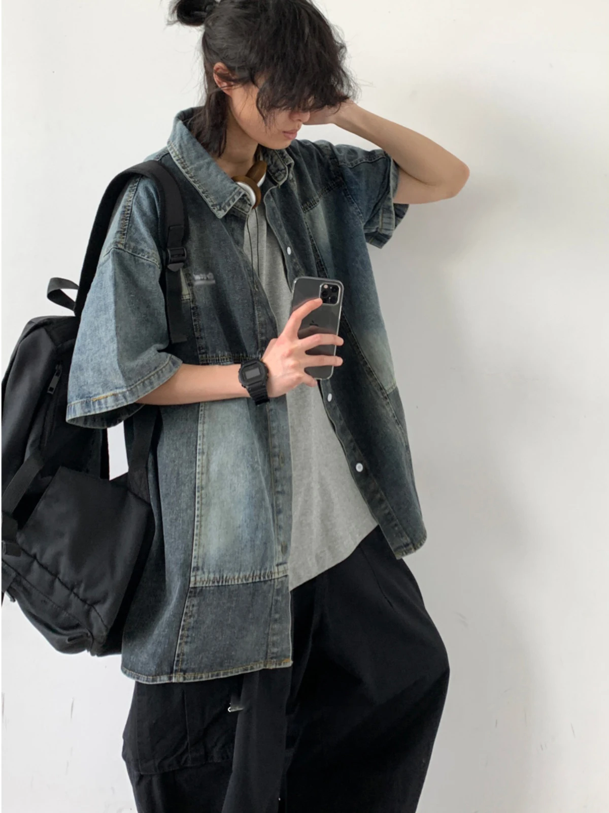 

Винтажная джинсовая куртка Waed с отложным воротником, свободного кроя, с коротким рукавом, молодежный стиль для весенне-осеннего сезона