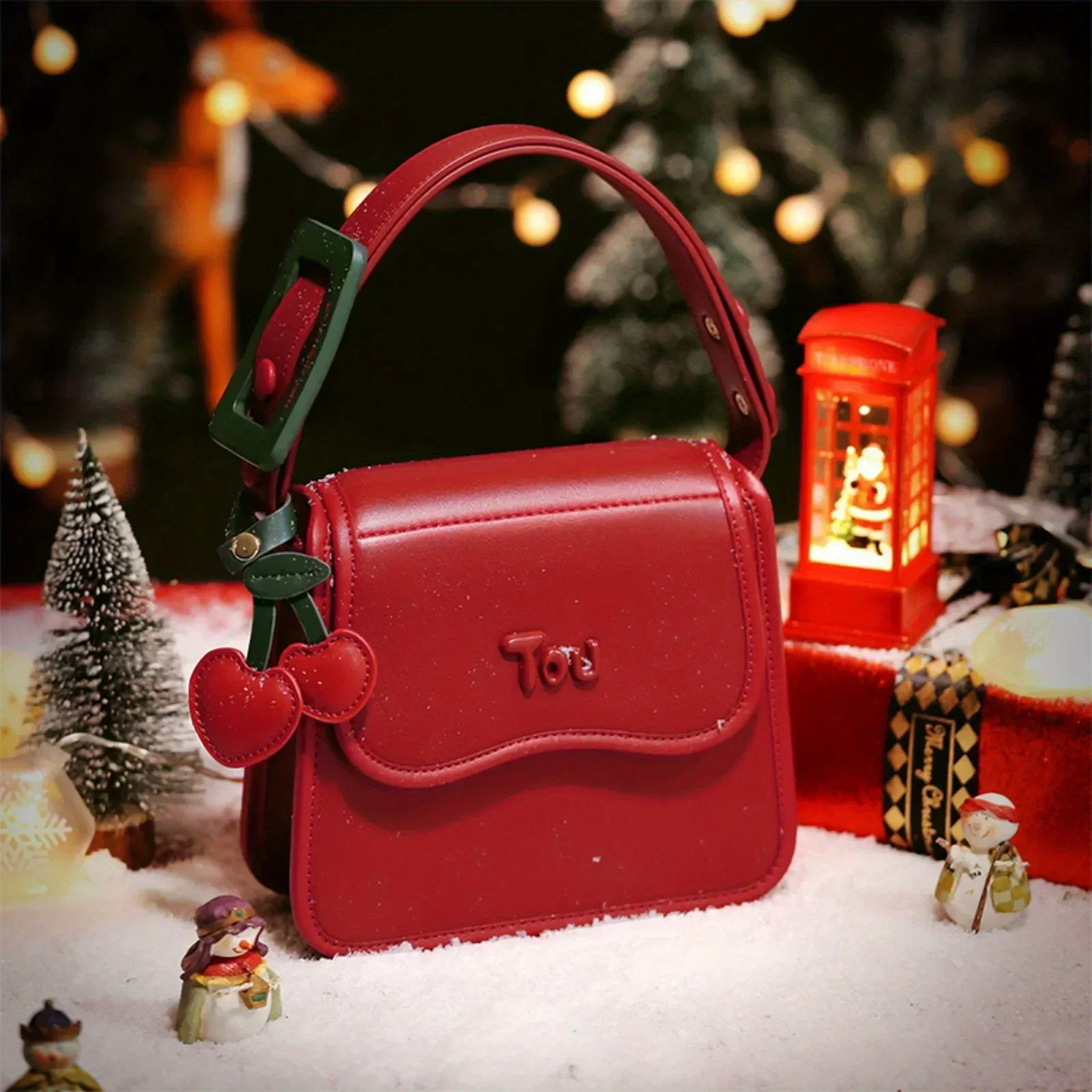 TOUTOU Cherry Small Square Bag Red Small Shoulder Bag Adjustable Strap Leather Crossbody Fashion Female Handbag Makeup Replica