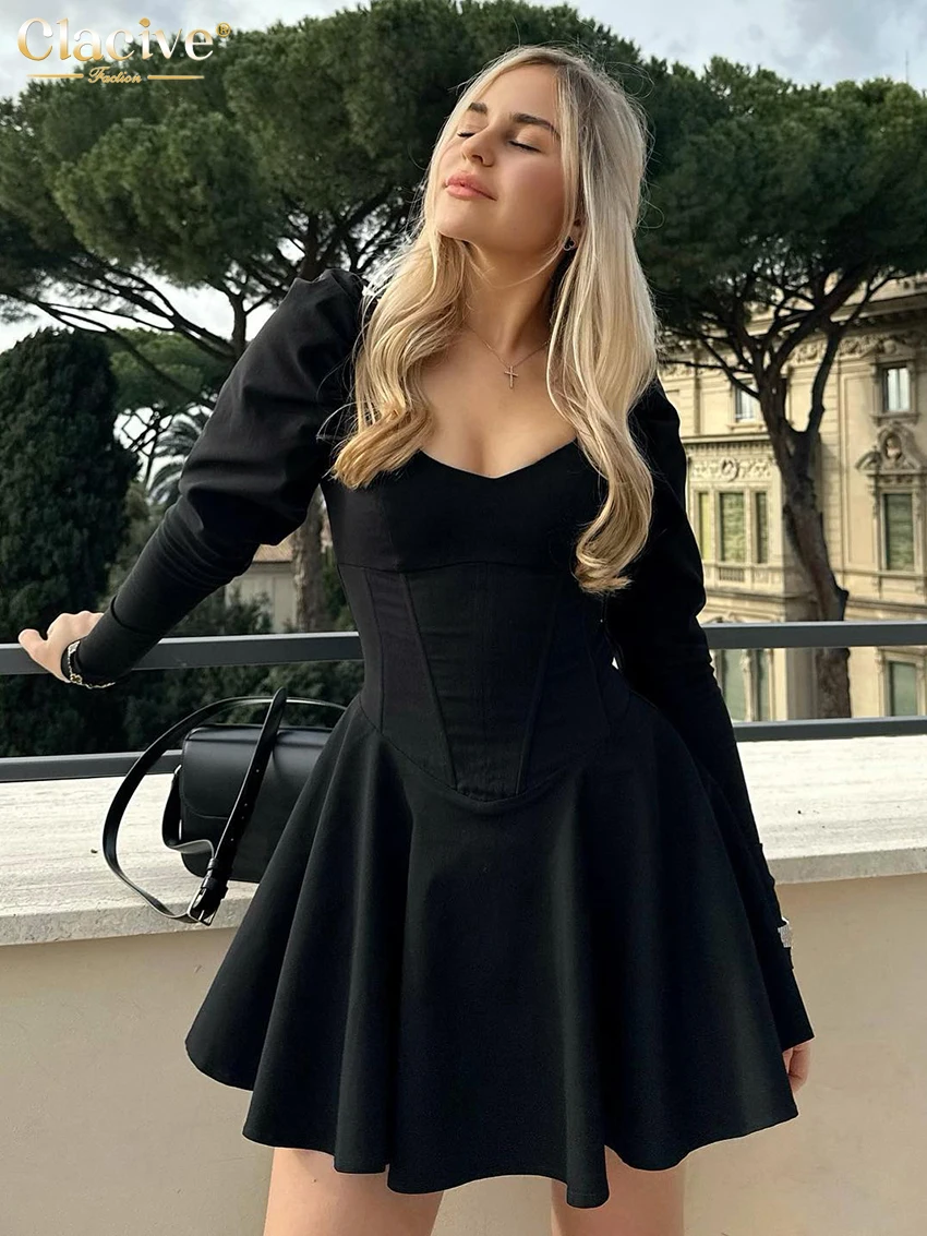 

Clacive Bodycon Slim Black Women's Dress 2025 Sexy V-Neck Long Sleeve Mini Dresses Lady Elegant High Waist Pleated Female Dress