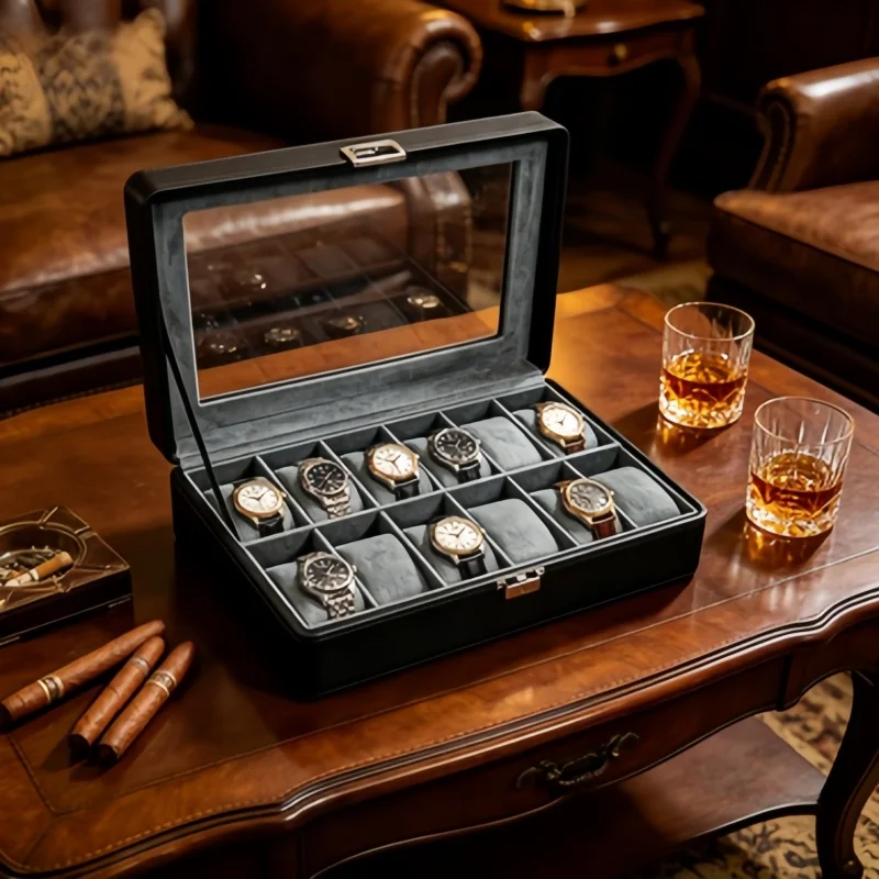 Large Capacity 12 Slot Watch Box Set, Lockable Leather Storage Case + 6 Spring Pouches for Watch Collection