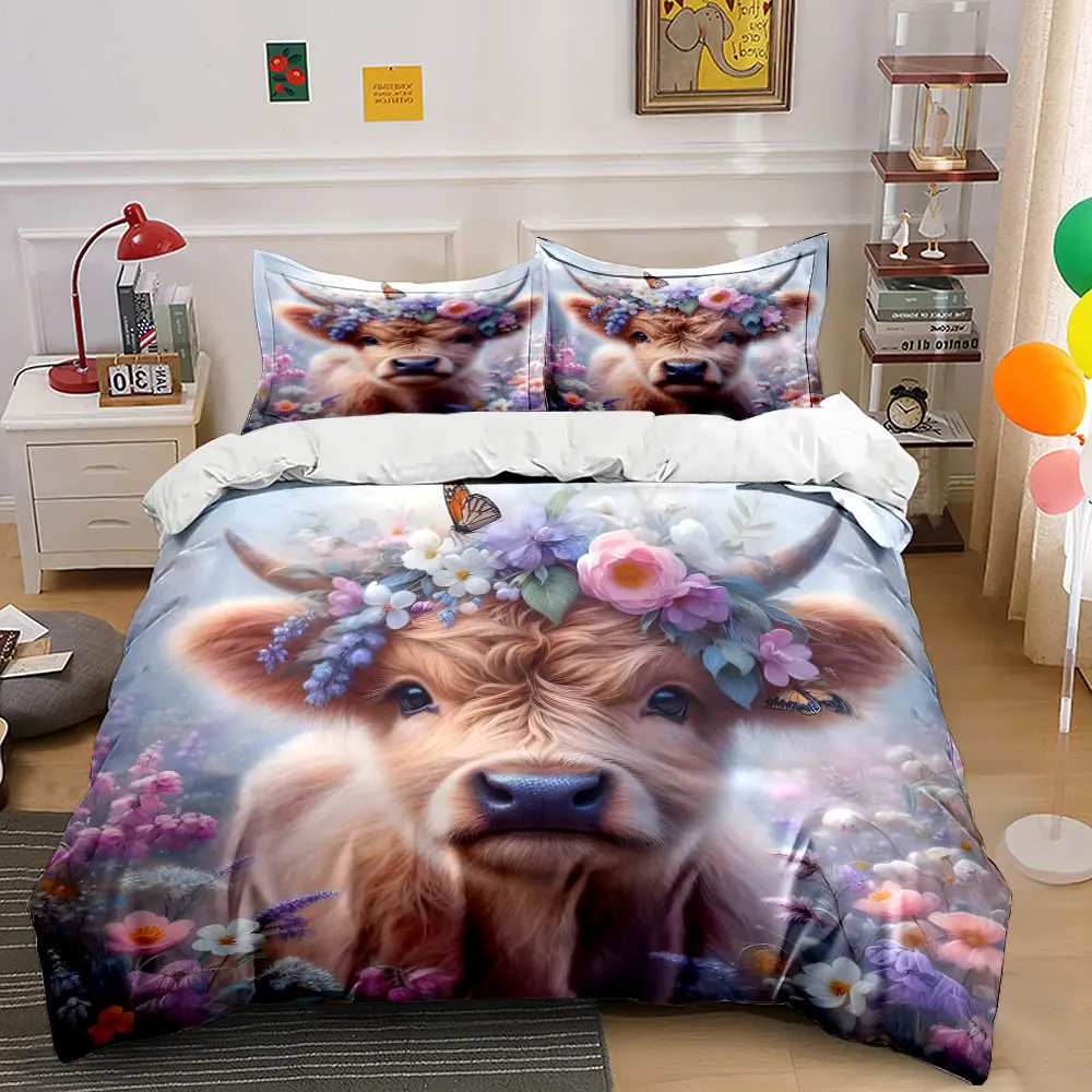 Cute cow wearing floral crown in meadow Pattern Duvet Cover Set Digital Print Colorful Polyester Bedding with Zipper Closur