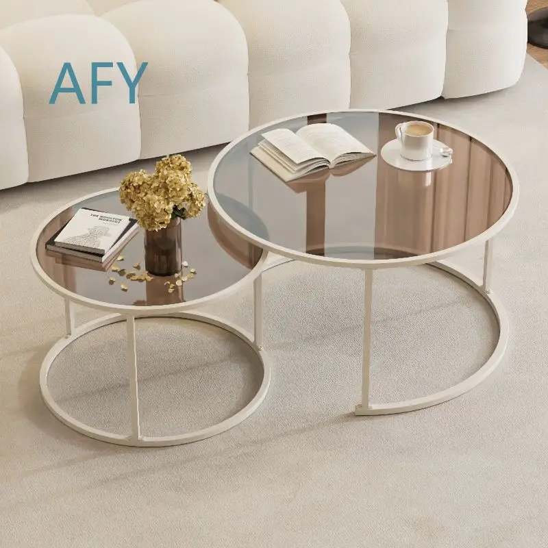 Glass Coffee Table for Modern Living Room Bedroom Balcony Small Space Home Decor Creative Round Cream White Instagram Style