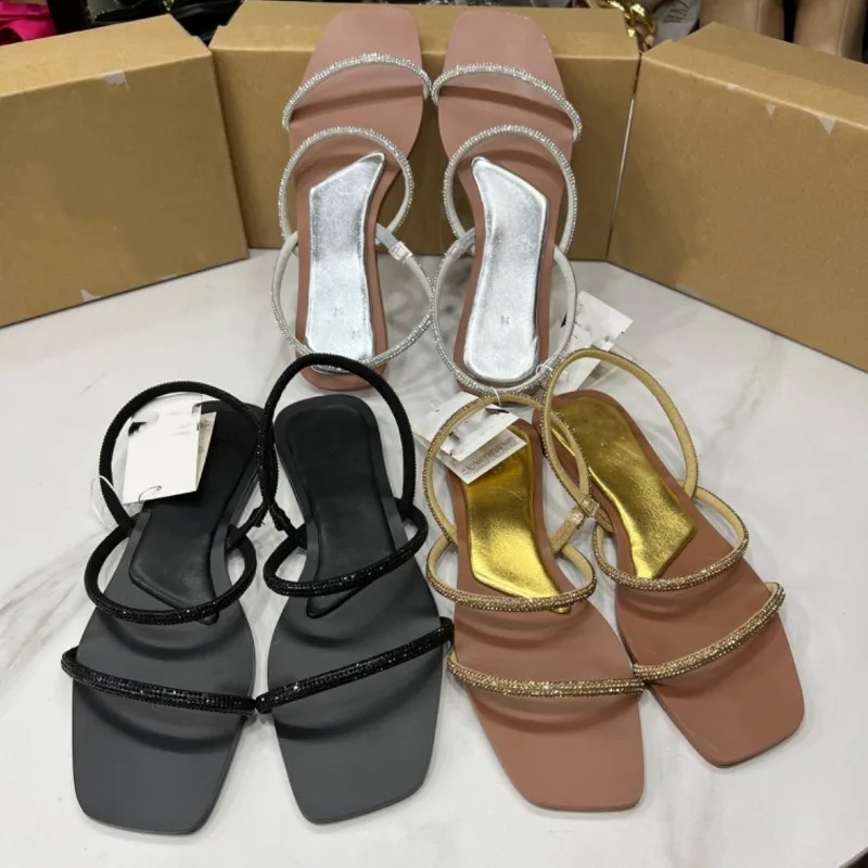 Women\'s Flat Sandals Bling Crystal Diamond Strap Fashion Square Toe 2024 Summer Party Shoes Sexy Light Plus Size Sandalias Mujer