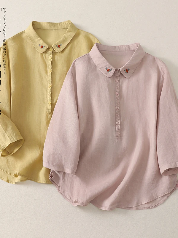 

Elegant Embroidered Short Sleeve Loose Fit round Neck T-Shirt Korean Style Breathable Casual Shirt for Women Summer Top