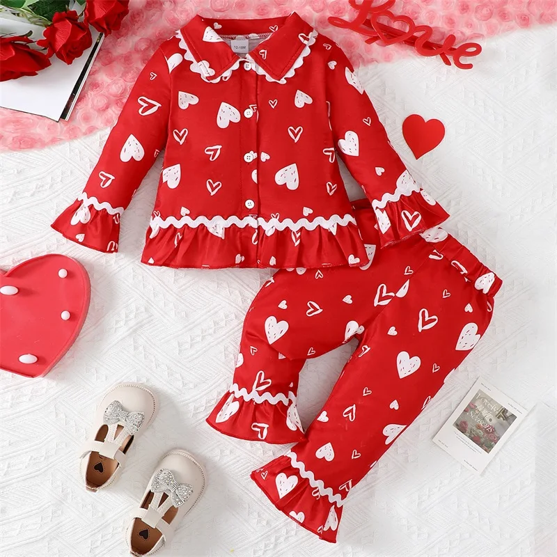 

Toddler Valentine's Day Pajamas Set Heart Print Long Sleeve Tops Long Pants 2 Pieces Lounge Suit Sleepwear for Girls