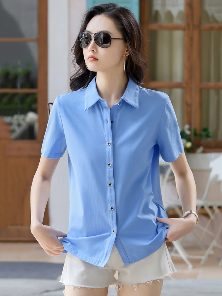 New Women Summer Cotton T-shirt Fashion Polo Collar Single Breasted Short Sleeve Tees Tops Simplicity Casual Loose T-shirt