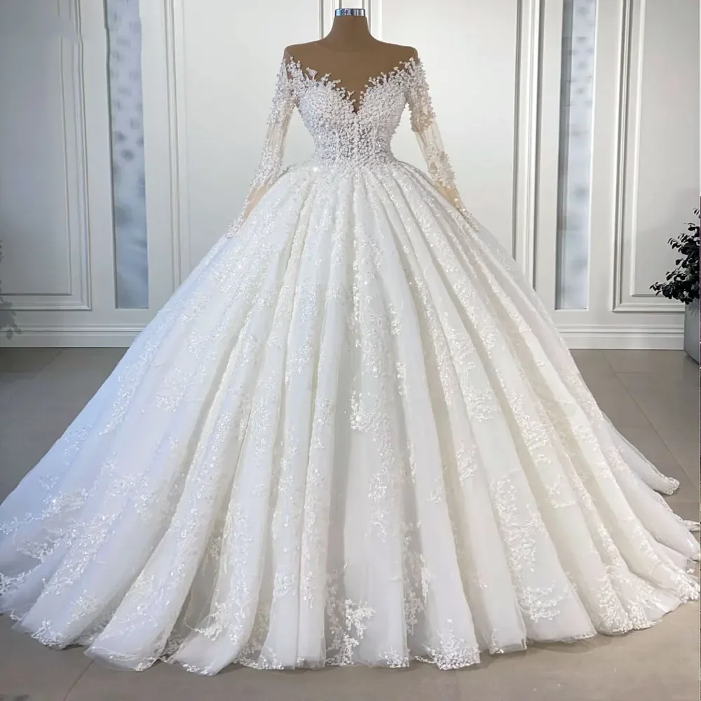 En Zhu personalizado de lujo de encaje de manga larga vestido de bola vestidos de novia 2025 rebordear perlas piel marrón vestidos de novia de novia