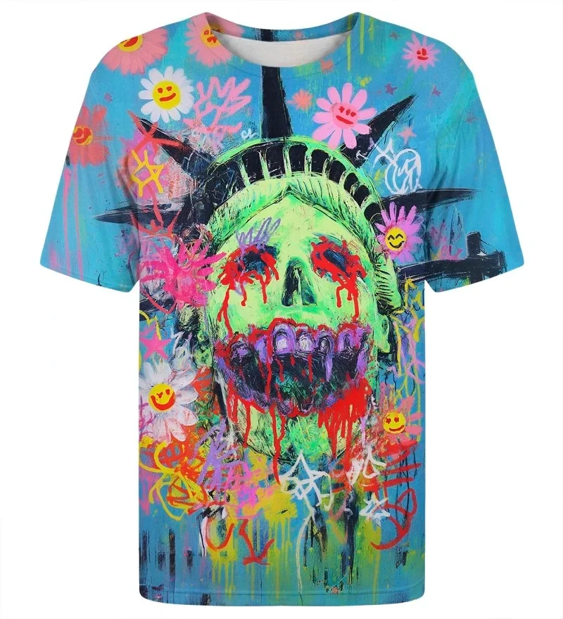 Zombie Statue Liberty Print T-shirts Men  Women Featuring Street Art Splatter Effects Smiley Faces Flowers Chaotic Art Designs