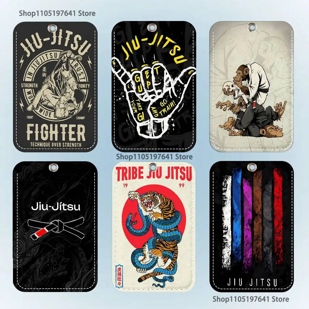 BJJ Brazilian Jiu Jitsu Pattern 1Pc PU Leather Card Holder Keychain Key Ring Door Lock Access Tags ID Card Case Keychain Card