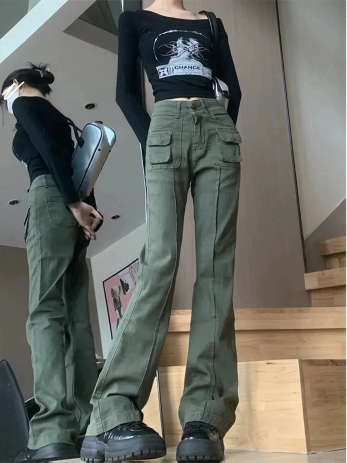 Women Army Green Cargo Jeans Baggy Harajuku Denim Trousers Y2k Flare Jean Pants 90s Aesthetic Vintage 2000s Trashy Clothes 2024