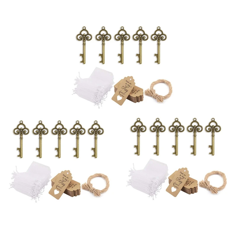 150Pcs Rustic Vintage Skeleton Key Bottle Opener With Tag Cards Sheer Bag For Guests Wedding Party Favors Souvenir Gifts