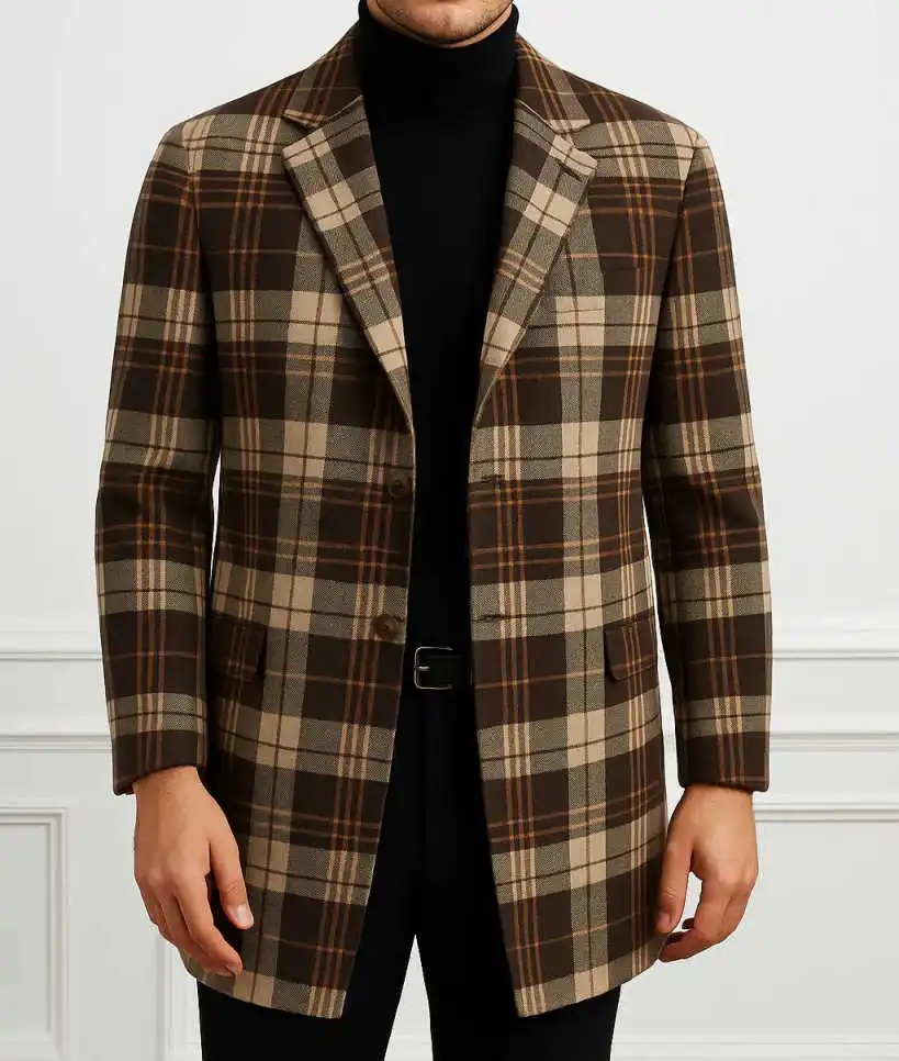 클래식 그리드 울 혼방 남성 오버코트 1피스 싱글 브레스티드 루즈 코트 가을 겨울 따뜻한 스트리트웨어 캐주얼 데일리 맞춤형