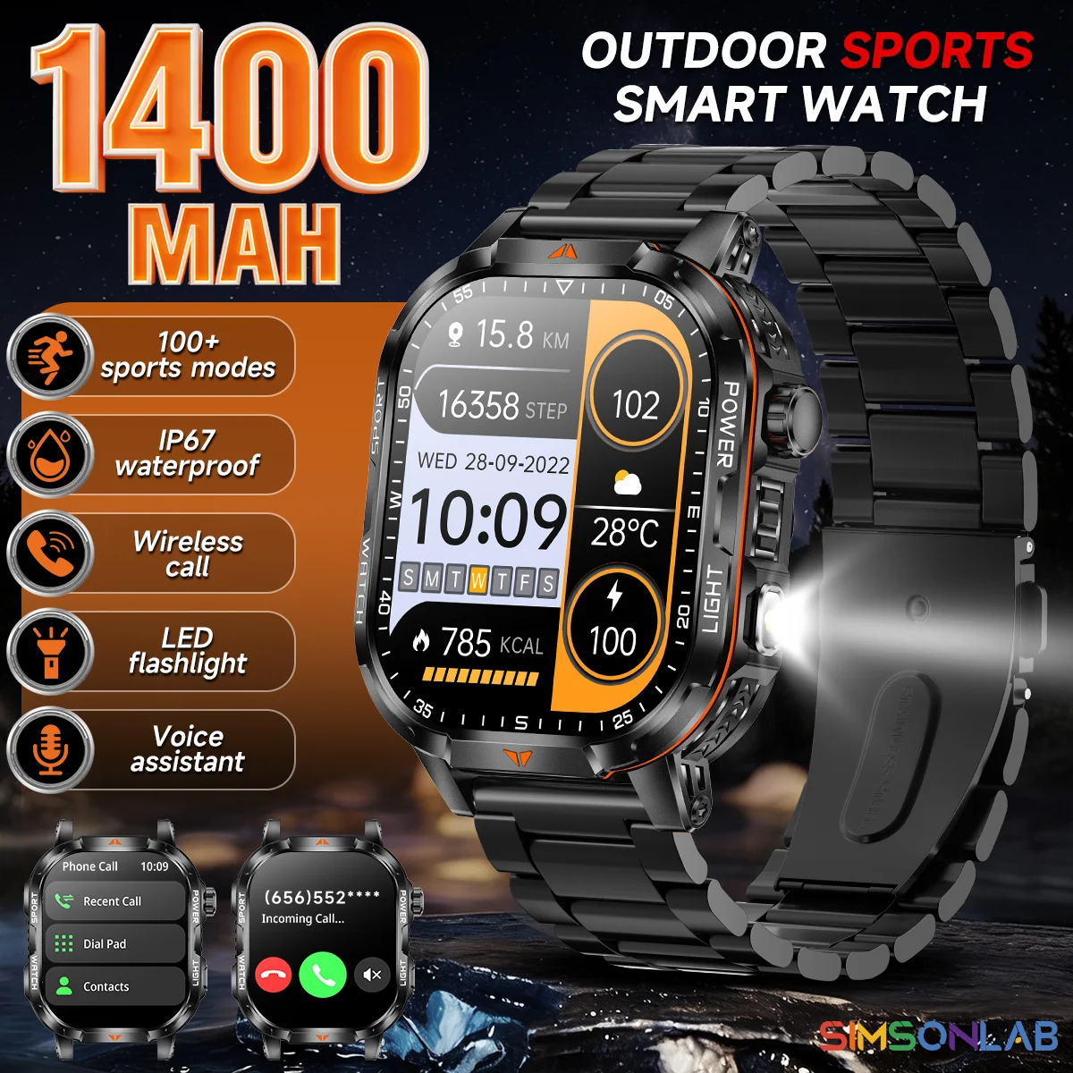 Nuevo Reloj Inteligente Deportivo 2026 con Batería de 1400mAh, Resistente al Agua 10ATM, Rastreador Deportivo, Reloj Inteligente Militar para Hombre