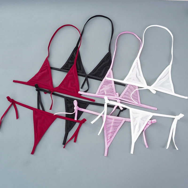 2PCS Women's Sexy See-Through Mesh Lingerie Set Halter Triangle Bra Side Tie Thong Ultra-Thin Breathable Intimate Underwear Suit