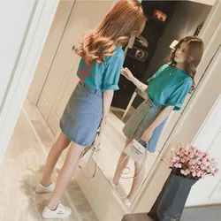 Sexy Woman Outfit Denim Short Sleeve Skirt 2 Pieces Sets for Women Mature Formal Event Summer Clothes 2024 Clothing Luxury Korea