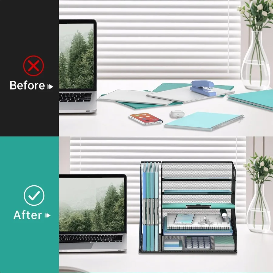 منظم مكتب سهل مع حامل ملفات، صينية حروف ورقية شبكية مكونة من 5 طبقات مع حامل مجلات ومنظم سطح المكتب والتخزين للمكتب أ