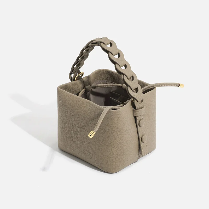 Women's Genuine Leather Handbag, Soft Leather Basket Bag, Cowhide Shoulder Bag, High-End Commuter Crossbody Bag, Mini Bucket Bag