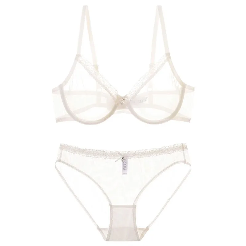 Set di biancheria intima Sexy in rete trasparente di reggiseno di pizzo ultrasottile bianco da donna grande petto mostra biancheria intima di reggiseno di desiderio puro piccolo