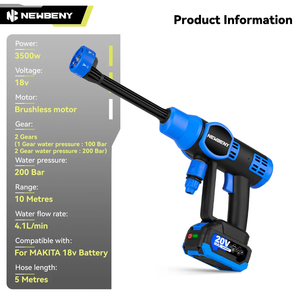 NEWBENY 6IN1 200Bar Brushless High Pressure Washer Electric Car Wash Water Gun Garden Washing Power Tools for Makita 18V Battery