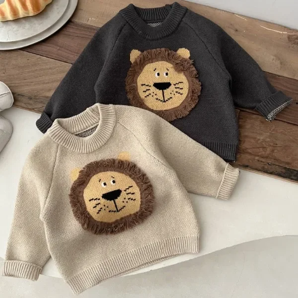 Autumn Winter Kids Cartoon Lion Knitted Sweater Baby Girl Thicken Casual Warm Pullover Knitwear Boys Children Retro Tops Clothes