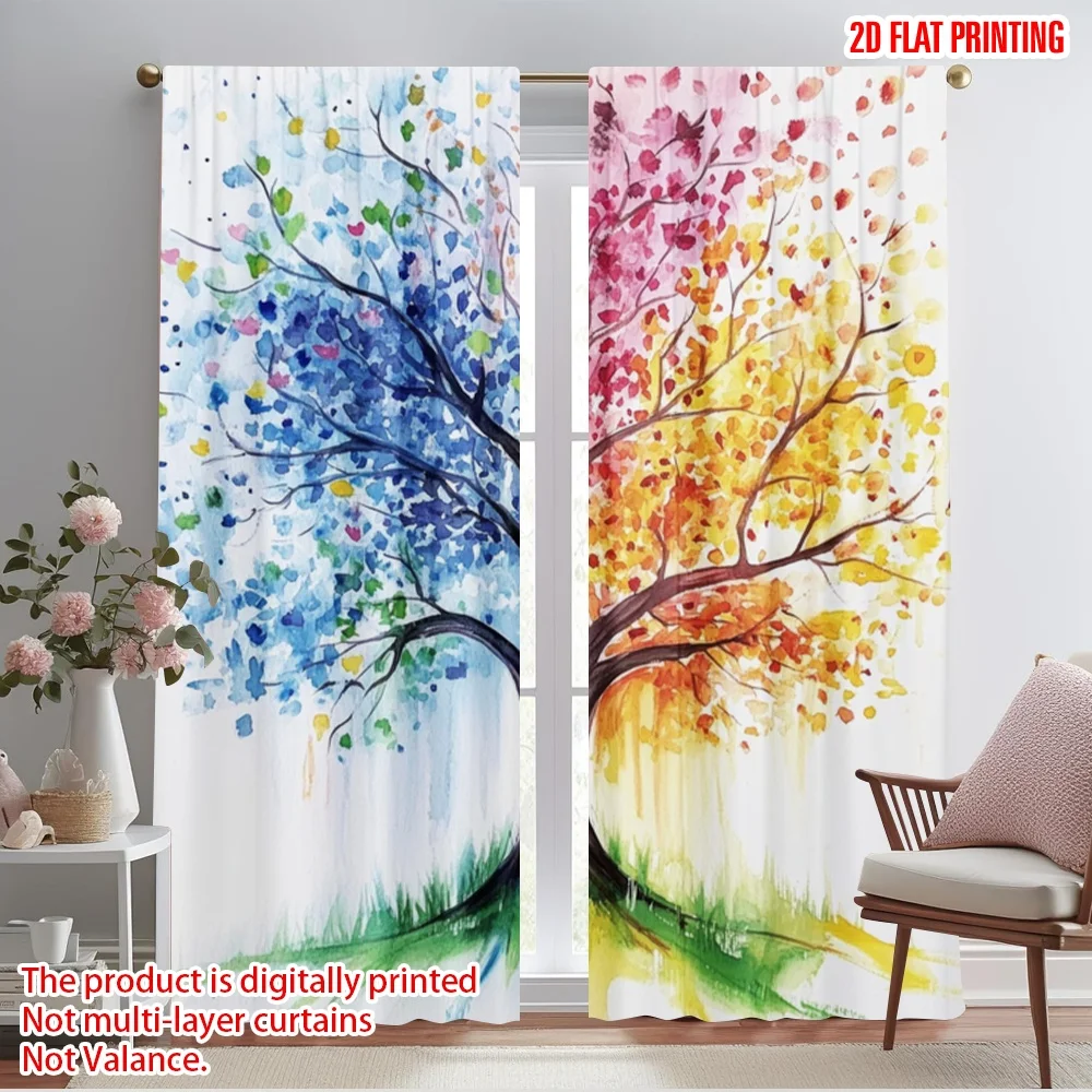 2pcs,2D plane printing Pattern Curtains Seasonal Spectrum Polyester Fabric (without rod) Versatile All Ldeal for Bedroom, Living