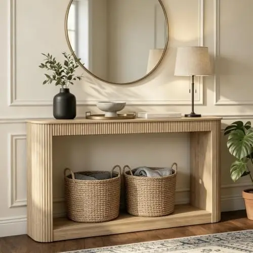 70.9'' Fluted Extra Long Entryway Console Table, Natural | Wooden Sofa Table Behind Couch with Storage Shelf, 2-Tier