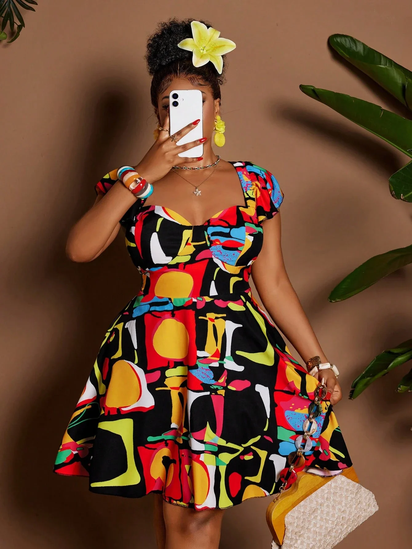 

Plus Size Women Summer Vacation Sweetheart Neck Ruffled Sleeve Abstract Print Fit And Flare Dress