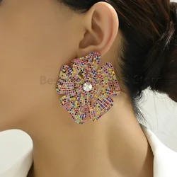 Colorful Inlaid Crystal Large Flower Design Earrings For Women Luxury Elegant Design Fashion Jewelry Femme Accessories Ear Studs