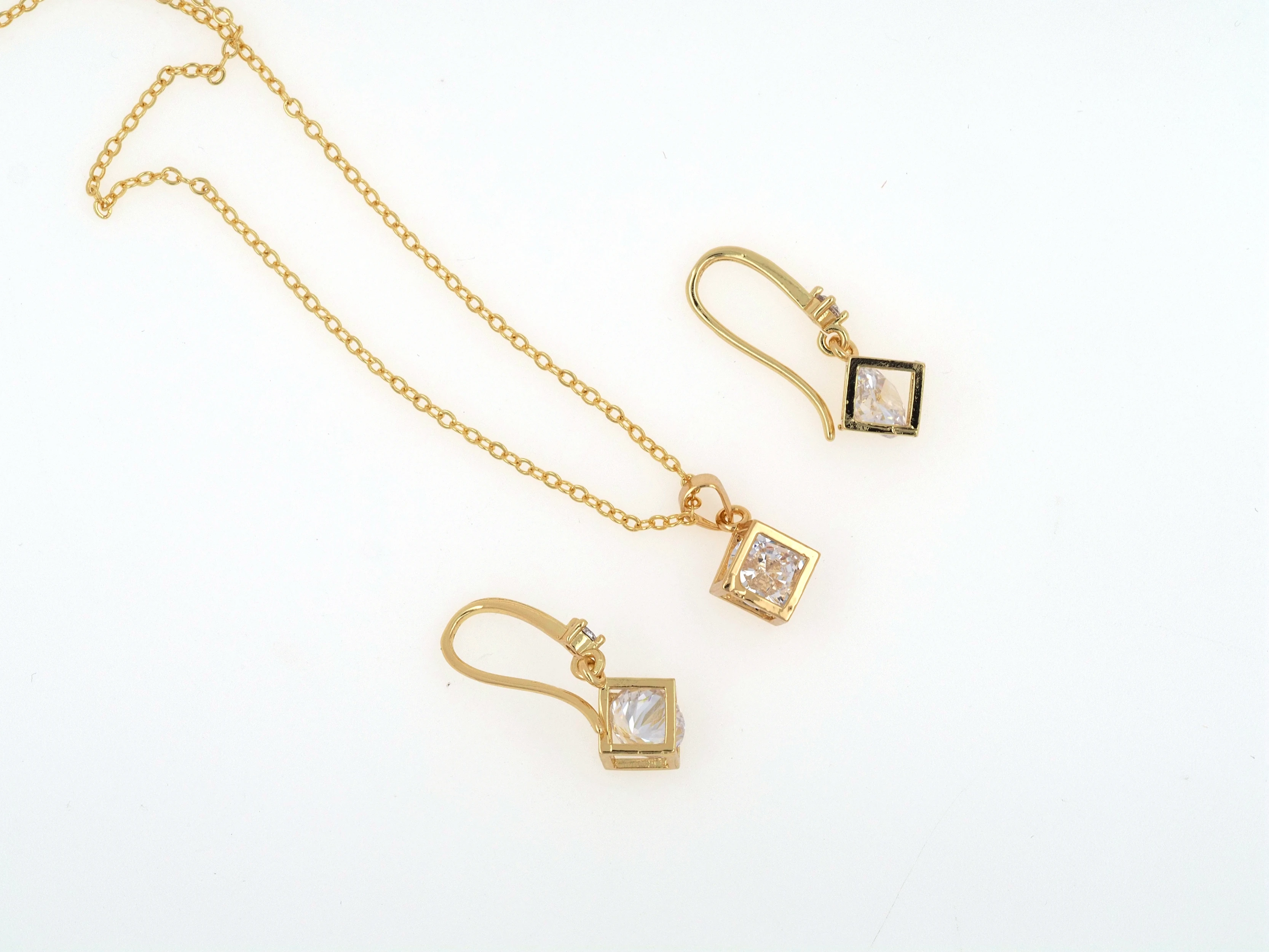 Cubic Zirconia Rattling Inside Cube Pendant Necklace Earring Jewelry Set Wedding Gift