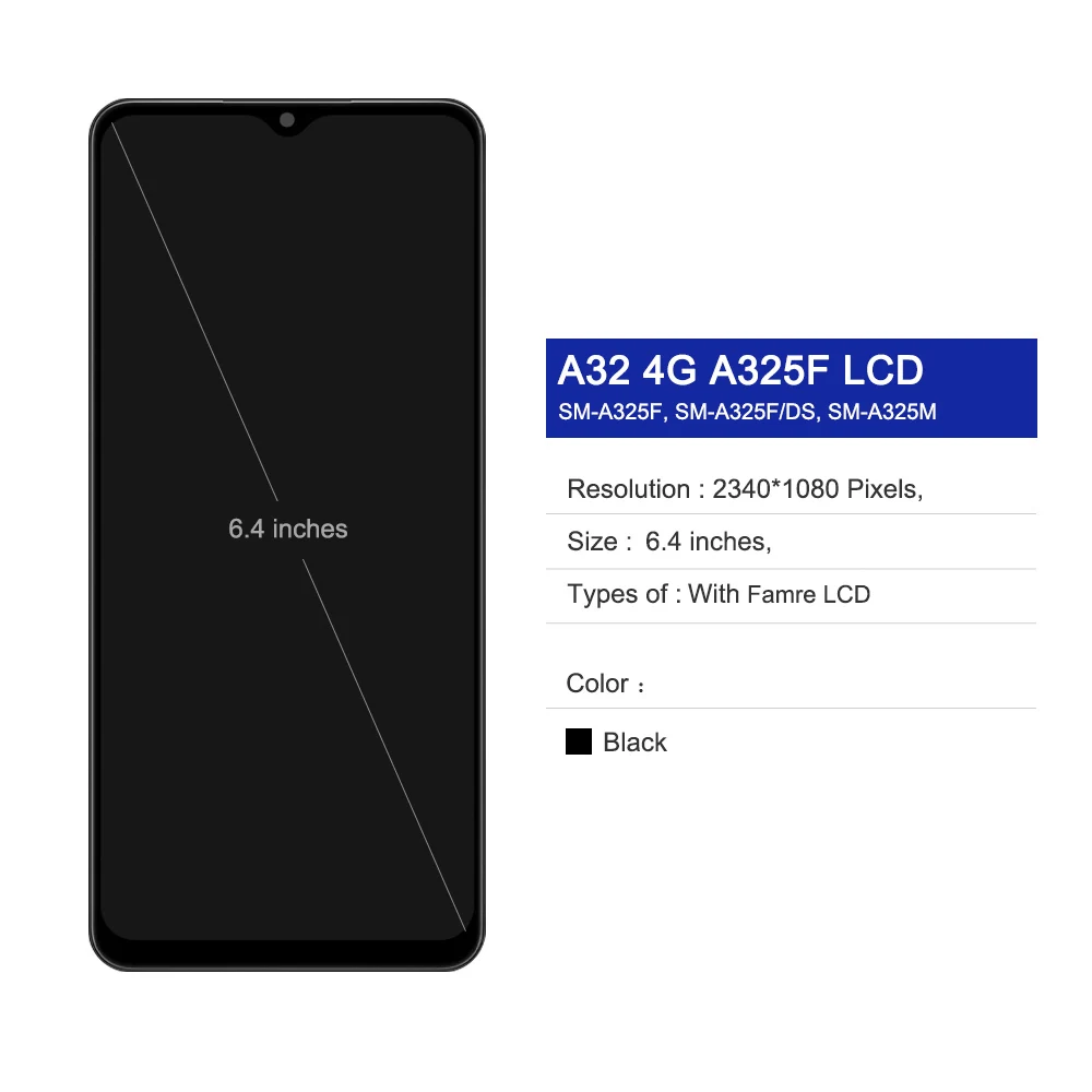 Super AMOLED A32 Screen Assembly for Samsung Galaxy A32 A325 A325F A325F/DS Lcd Display Touch Screen Digitizer With Frame Parts