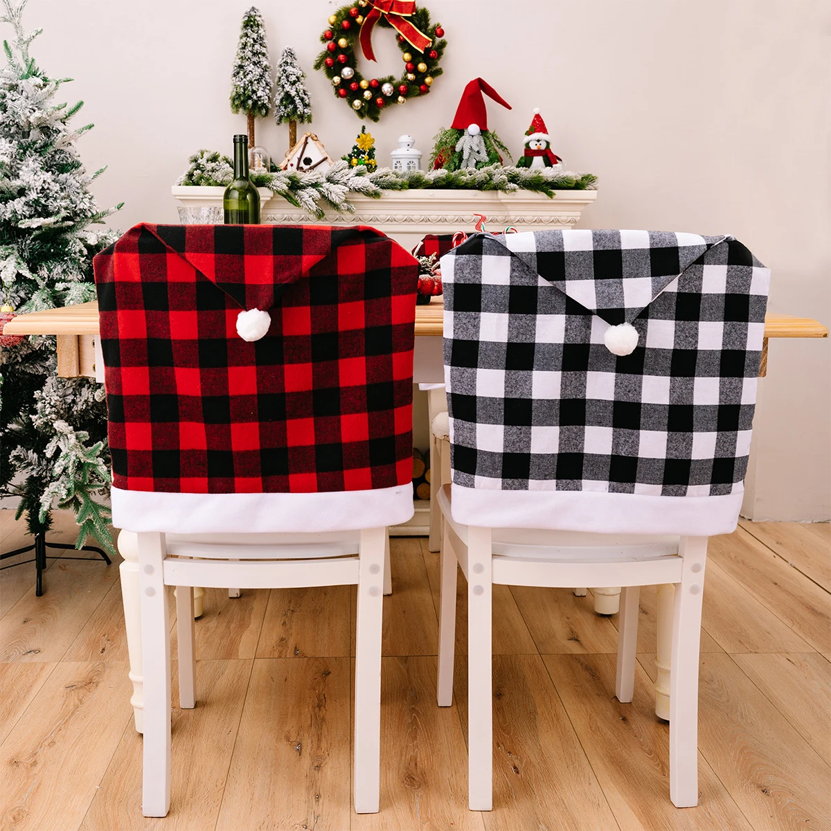 Christmas Hat Tartan Check Chair Cover Buffalo Plaid Throw Chair Decoration Merry Christmas Chair Back Cover Decoration For Home