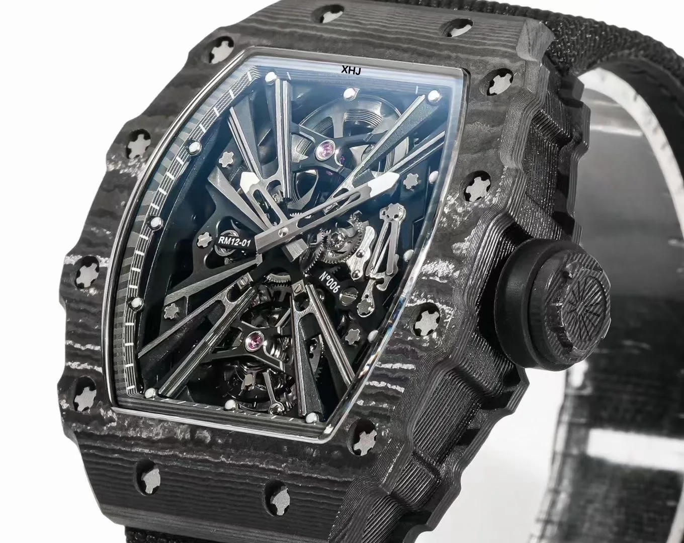 Amazing XHJ RM Watch RM12-01 BlackGold Tourbillon Men's Watch Carbon Double-Sided Hollow Skeleton Manual Mechanical Warranty