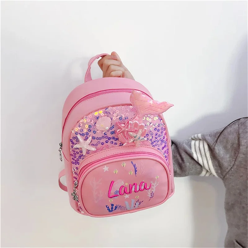 Girl's Kindergarten Cute Mermaid Backpack Personalized Your Name Lightweight Baby Outdoor Snack Backpacks Custom Kids Gift Bag