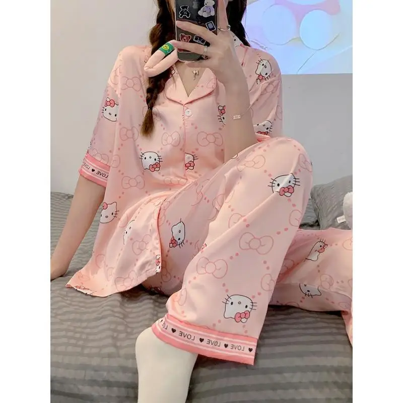 

Anime Hello Kitty Kuromi Cinnamoroll Summer Girls Pajamas Short Sleeve Shorts Trousers Three Piece Suit Cute Cartoon Ice Silk