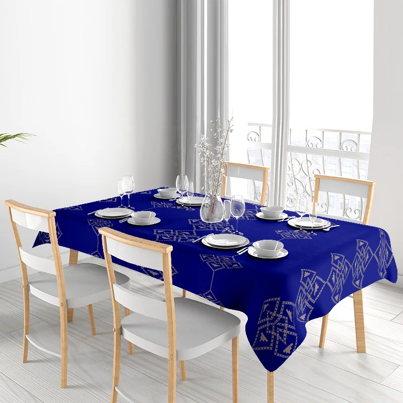Fancy Dining Table CoverElegant Blue Floral Design 100% Polyester Stretchable Tablecloth for Home Kitchen Decoration Modern Rect