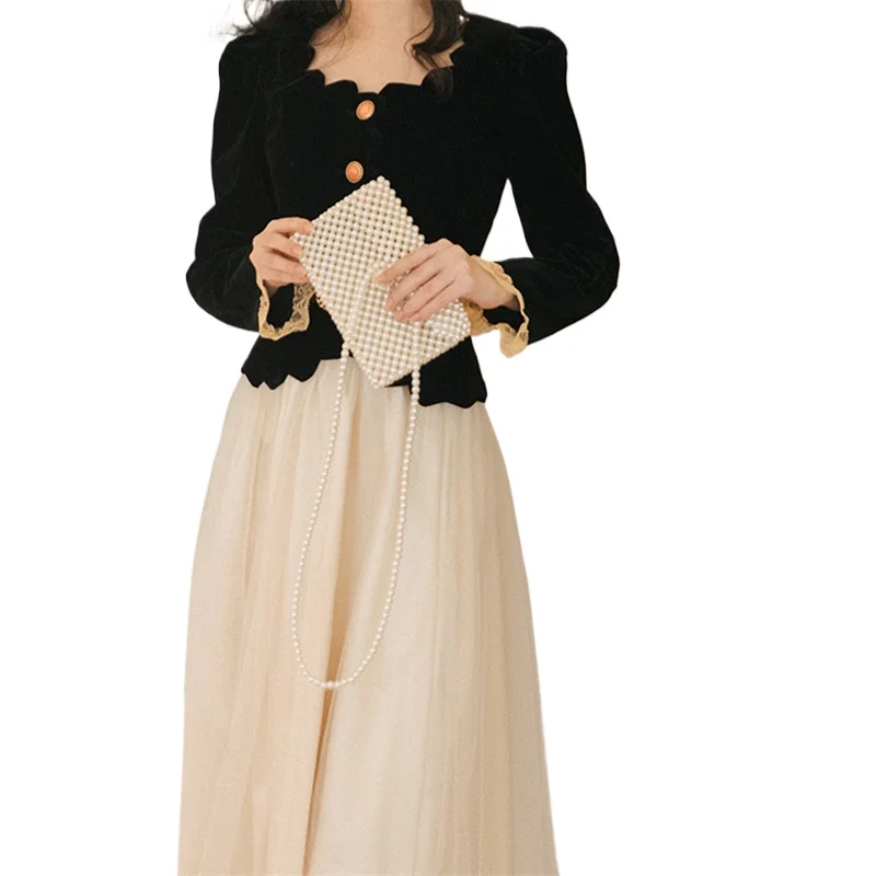 Long Sleeve Top High Waist Solid Skirts Suits  Women Autumn Vintage Black Velvets Tops Floral Skirt Sets Lady Elegant