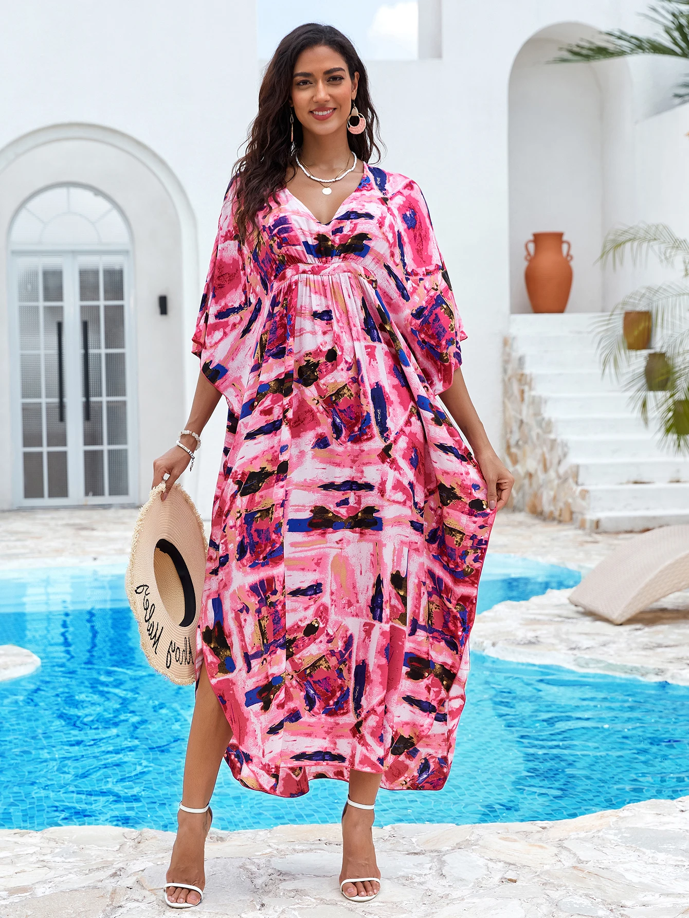 女性用カフタンワンピース、プラスサイズ水着カバーアップ、カフタンマキシビーチドレス