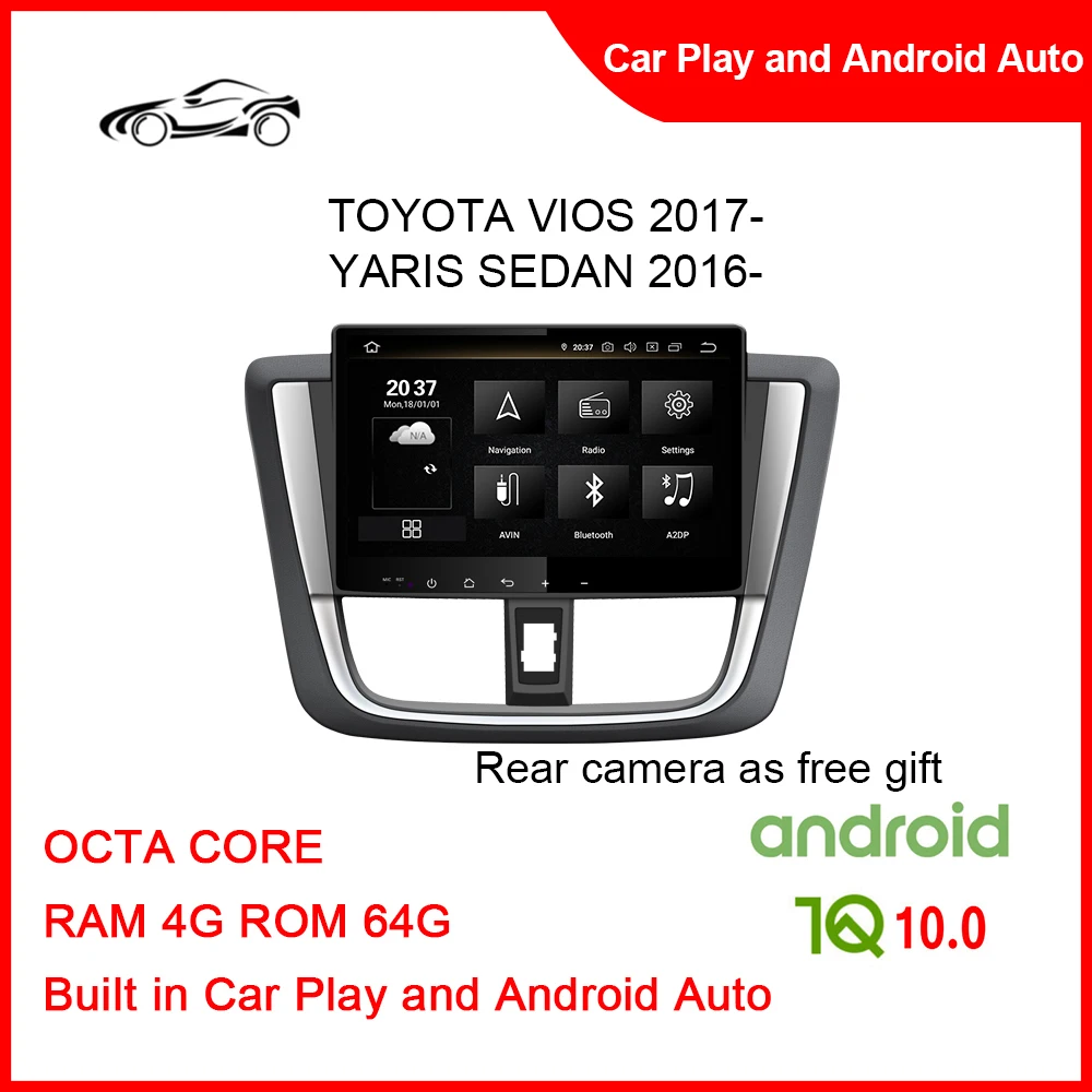 Big Screen Car Alarm With GPS Tracking System For TOYOTA VIOS 2017- 10.1inch RAM 4G ROM 64 Touch Screen Car Radio Car Play