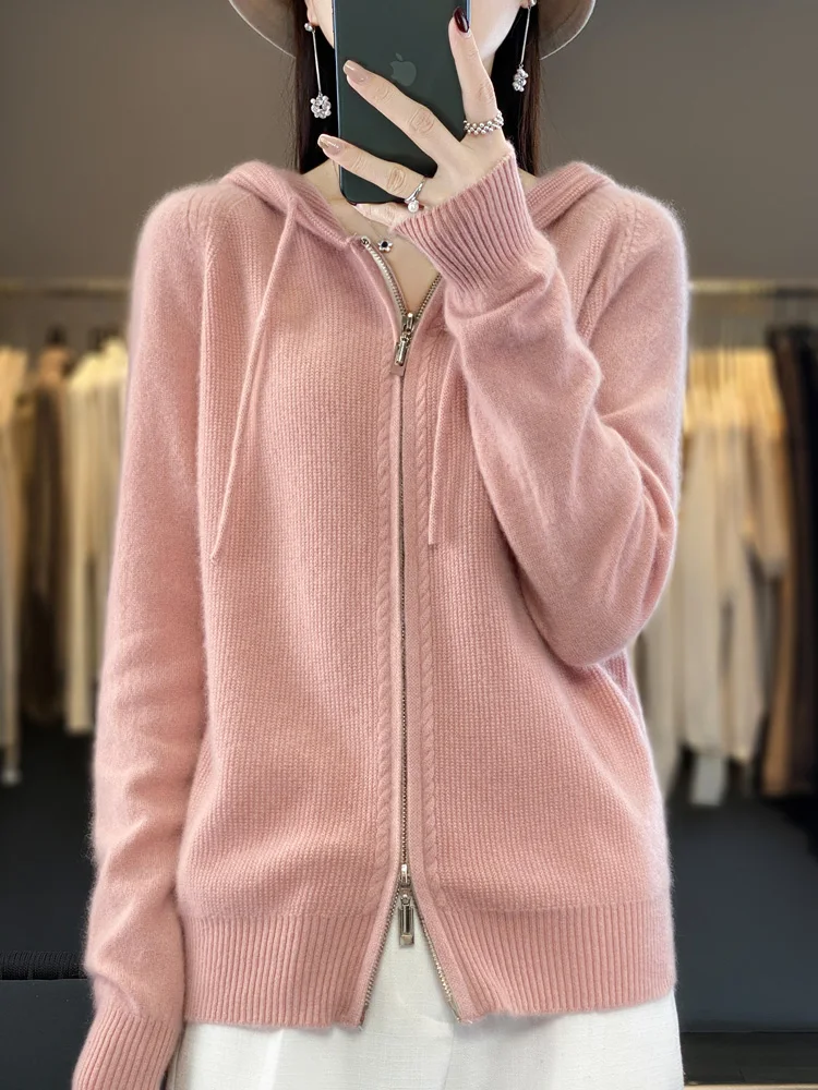 2023 Fashion Thick New Women\'s 100% Merino Wool Cardigan Long Sleeved Knitted Hoodie Sweater Fashion Soft