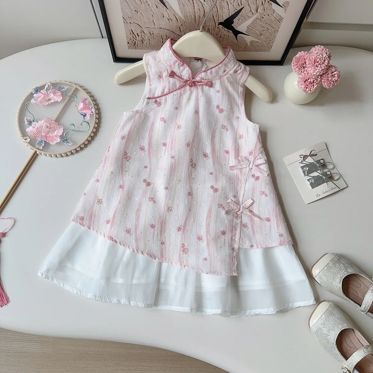Girls New Chinese Cheongsam Dress Summer New Baby Girl Frog Button Floral Chinese Style Sleeveless Dress
