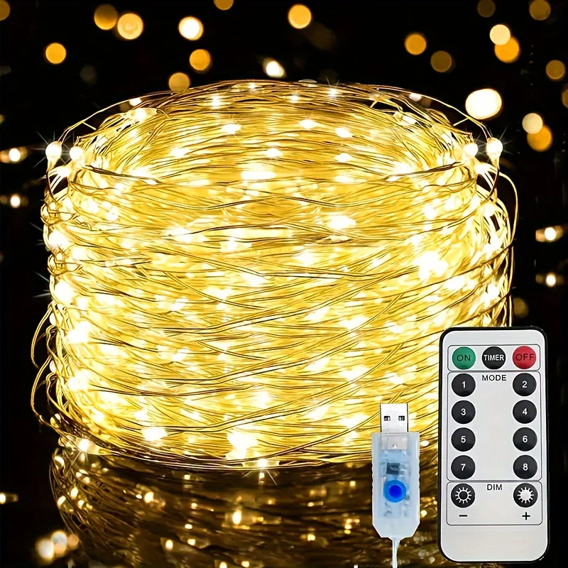 5/10/20/30M Remote Control Copper Wire Lamp with 8 Functions USB LED String Lamp Flower Wreath Wedding Christmas Decoration Lamp