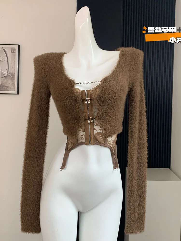 Autumn Winter Gyaru Brown Cardigans Coquette Plush Sweater Fashion Knitted Jumper Japanese Vintage High Street 2000s Aesthetic