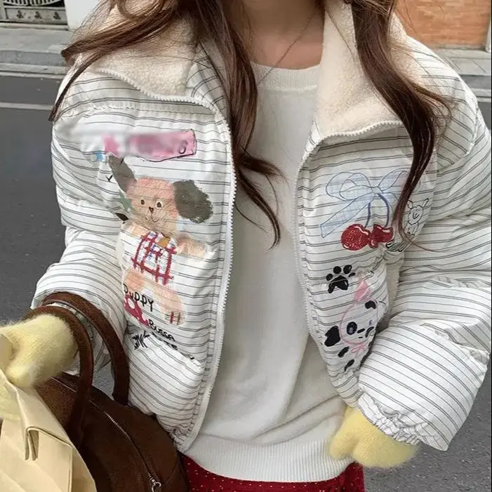 

Interesting Stand-Up Collar Cotton Coat Graffiti Printed Cotton Coat Women 2024 Winter New Style American Striped Warm Coat