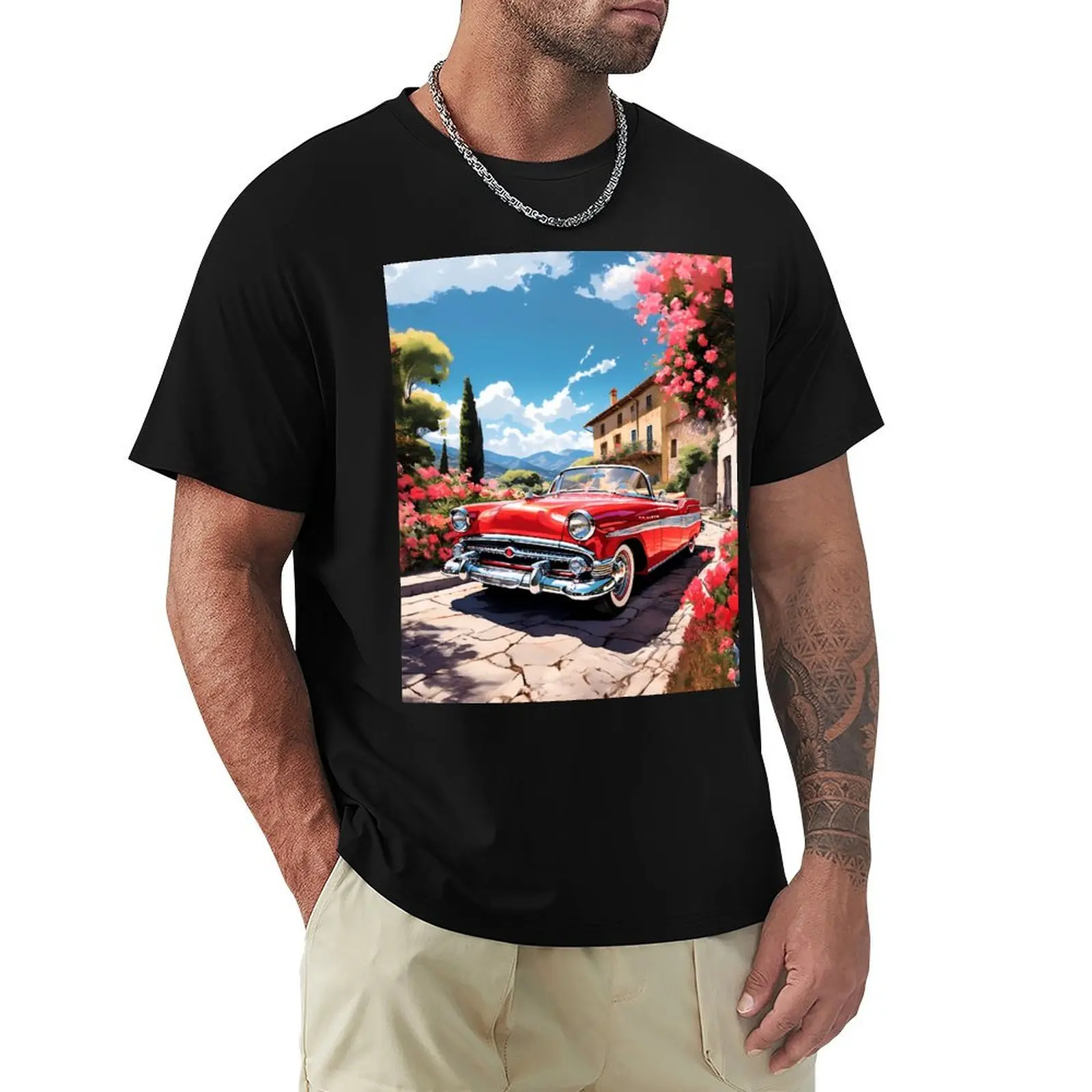 Classic Convertible surrounded by flowers T-Shirt Casual Loose Daily Wear T-Shirt