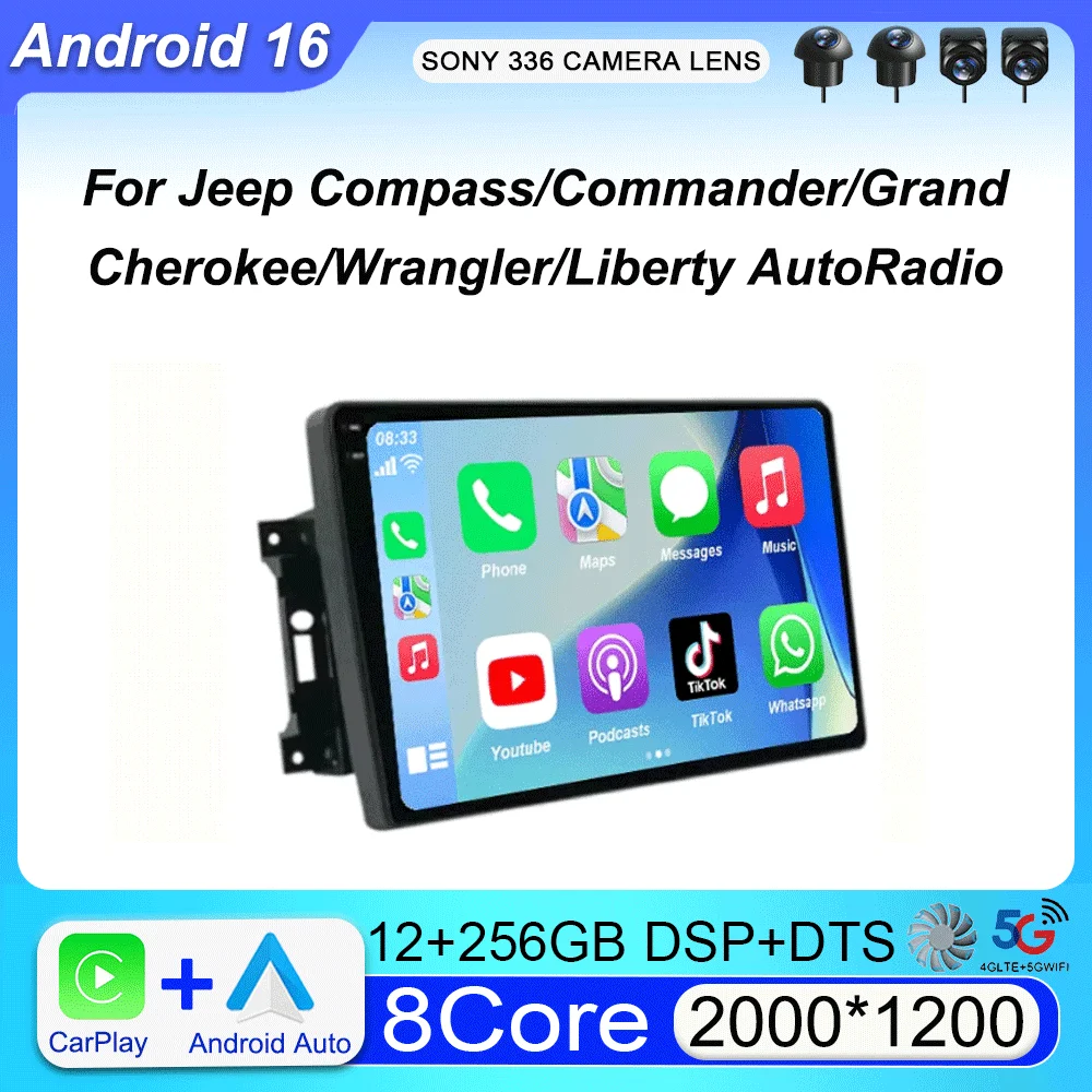 Car Radio QLED GPS Navigation Multimedia Player Android 16 For Jeep Compass/Commander/Grand Cherokee/Wrangler/Liberty AutoRadio