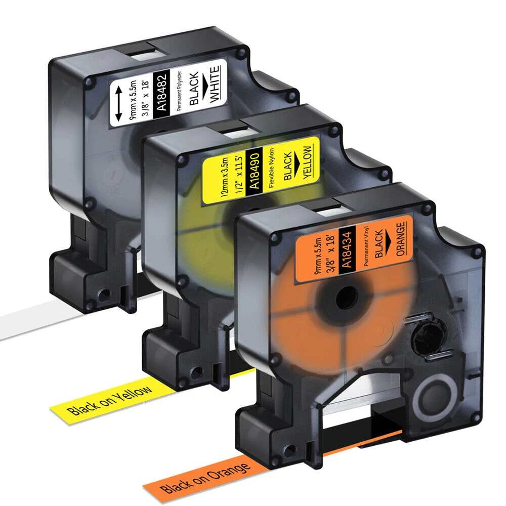 5PK Adhesive Vinyl Label Tape Compatible for Dymo Rhino A18433 18445 Black on Yellow/Whte/Orange 9-19mm Tapes for 4200 6000