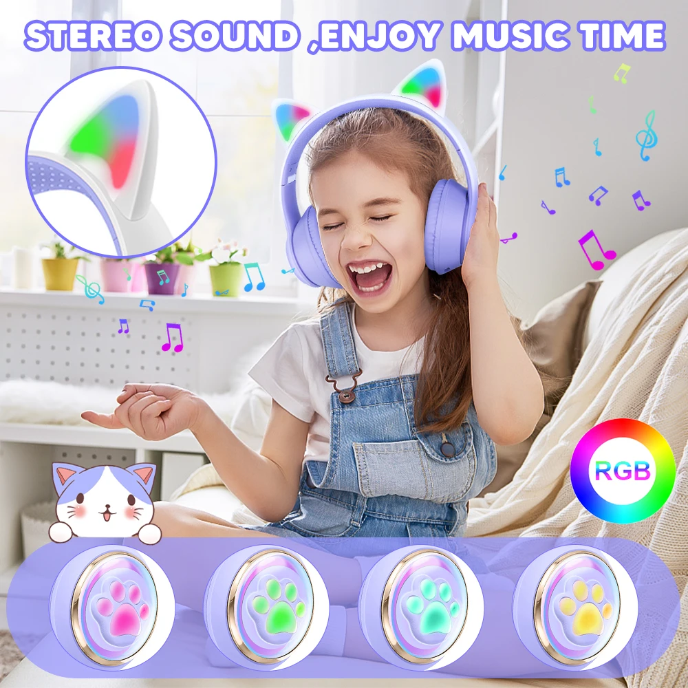 RGB Cat Ear Wireless Headphones for PC Cute 3D Space Capsule Cat  Bluetooth Headset Foldable Gaming Headset For Kids Girls Gifts