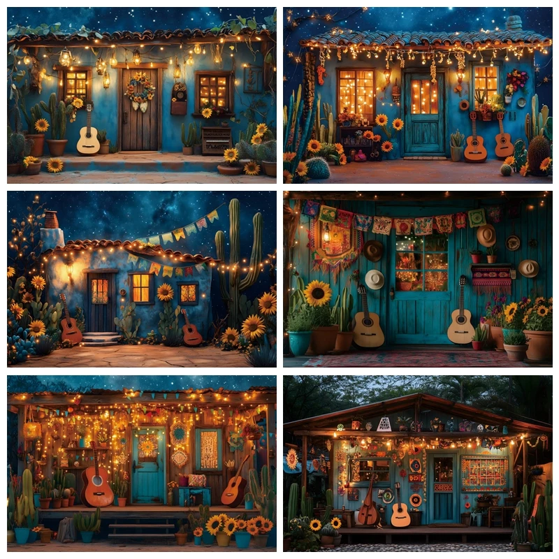 Mexican Carnival Party Background Wooden House Guitar Sunflowers Cactus Twinkle Lights Fiesta Party Decor Backdrop Photography