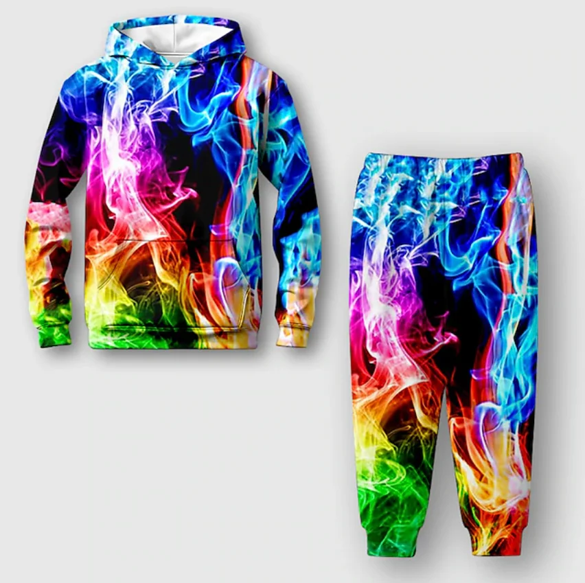 

Мужские толстовки с 3D градиентом и принтом пламени, комплект спортивных штанов, модный крутой комплект свитшотов с длинными рукавами, уличный свободный спортивный костюм, наряд
